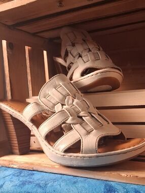 Born Woven Leather 4" Heeled Mules in Cream